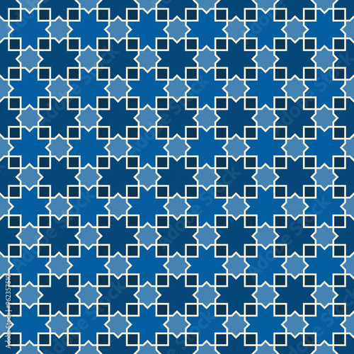 Seamless surface design with arabic ornament. Moroccan stars and crosses motif. Oriental traditional pattern with repeated mosaic tile. Tracery window wallpaper. Arabesque digital paper, textile print
