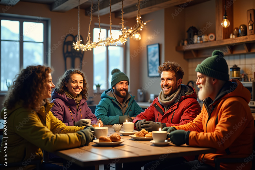 Fototapeta premium Cozy ski resort cafe with skiers enjoying hot coffee and pastries