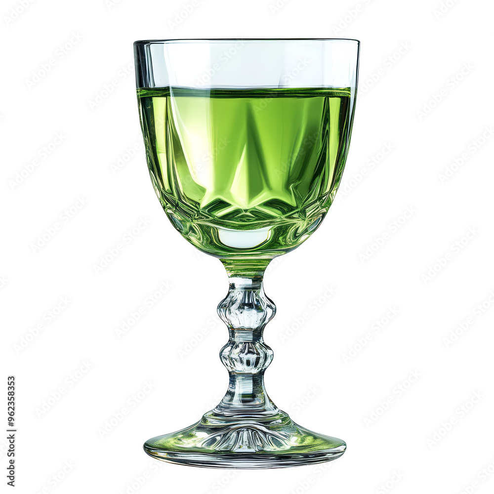 Glass of absinthe with intricate crystal glass design, green liquor and elegance, transparent background Glass of absinthe with intricate crystal glass design, green liquor and elegance, transparent background