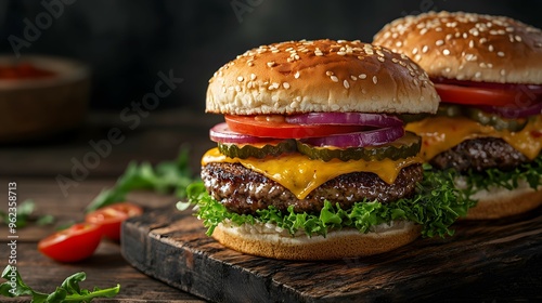 Two juicy cheeseburgers with melty cheese, fresh lettuce, and tomato on sesame seed bun. Perfect for fast food, diner, or gourmet burger themes photo