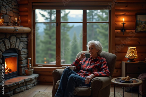 Solo female traveler relaxing in cozy mountain cabin photo