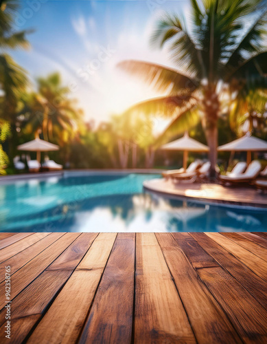 woodemn table countertop providing space for products with luxurious resort pool in background 