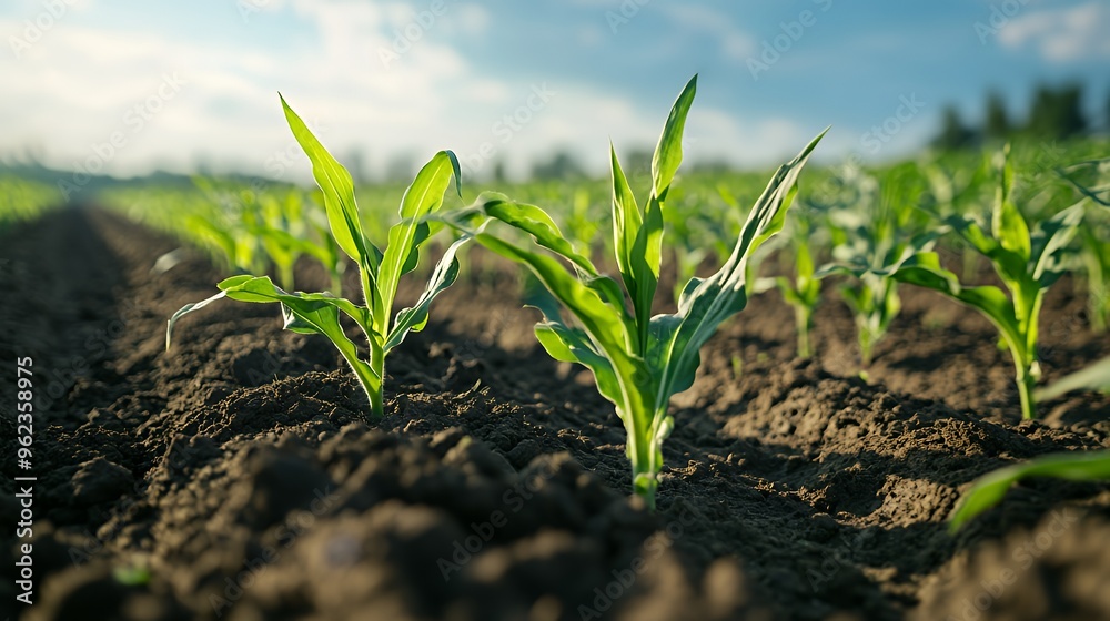 Young corn plants growing in a field. Young corn plants growing in a field.