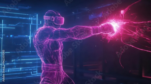 neonoutlined kickboxer unleashing energy blast in cyberpunk vr training simulation photo