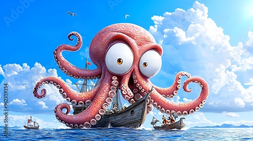 Playful Pirates Escaping Massive Octopus Attack on Cartoon Pirate Ship photo