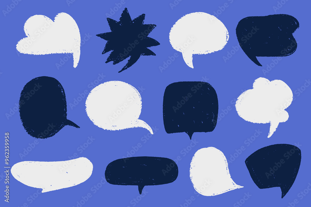 © Desenarrt - Grunge speech frames in dark blue color tones. Hand drawn abstract chat bubble set