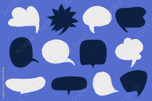 Grunge speech frames in dark blue color tones. Hand drawn abstract chat bubble set