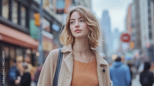 A young woman walks down a city street, looking up and off to the side. She is wearing a beige coat and an orange shirt.