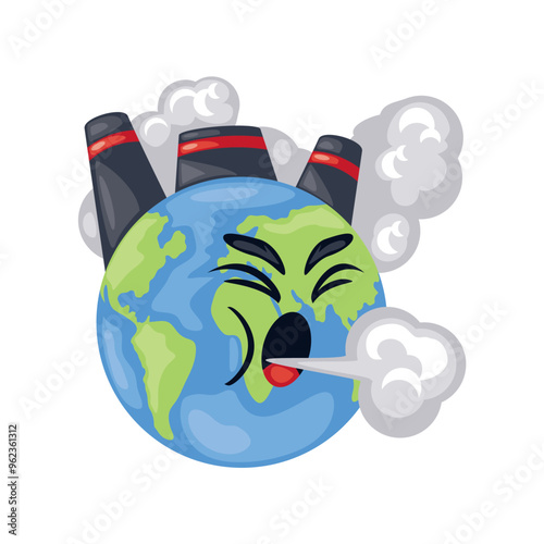 cartoon planet coughing from factory pollution