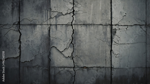 Cracked concrete wall displaying signs of weathering and age in an urban environment at twilight