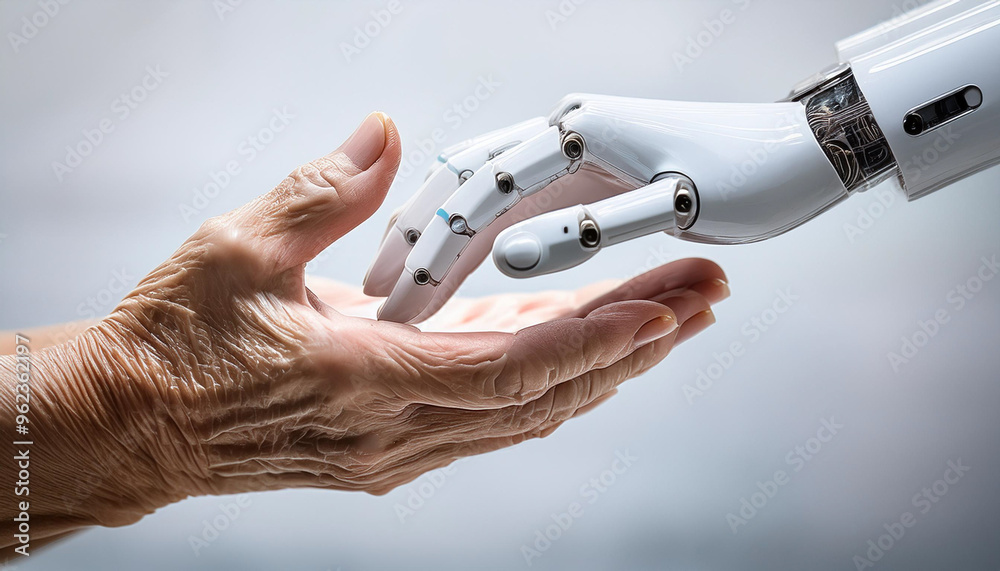 White cyborg robotic hand pointing its finger at human hand with finger stretched out, cyber creation. warm home background
White cyborg robotic hand pointing its finger at human hand with finger stretched out, cyber creation. warm home background