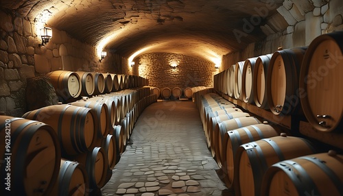 A mysterious underground wine cellar with neatly arranged wine barrels and soft lighting in the environment creates a tranquil atmosphere and gives people a touch of ancient atmosphere.