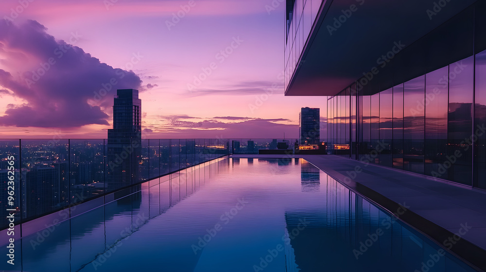 High-rise glass building with rooftop pool at dusk time. High-rise glass building with rooftop pool at dusk time.