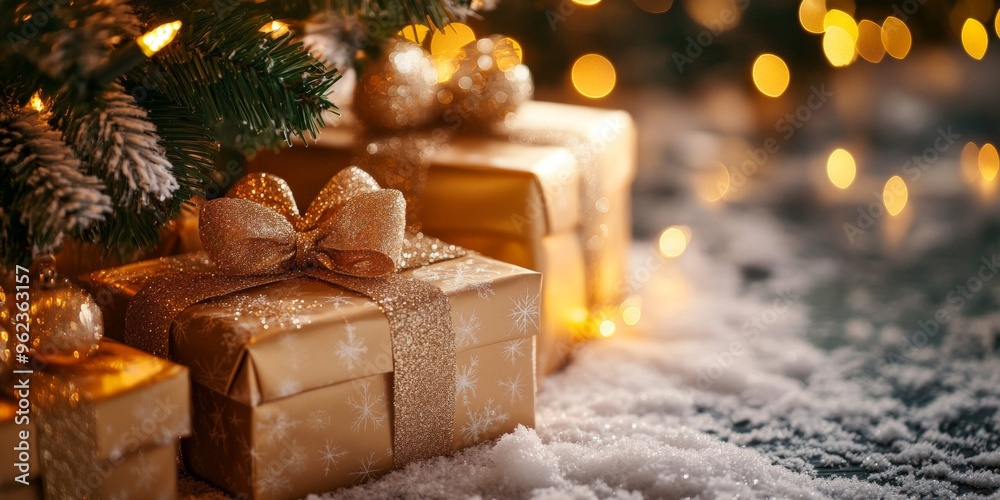 Golden Christmas gifts with glittery bows under a decorated tree, surrounded by soft lights and ornaments on a snow-dusted surface, glowing with a warm holiday ambiance. Golden Christmas gifts with glittery bows under a decorated tree, surrounded by soft lights and ornaments on a snow-dusted surface, glowing with a warm holiday ambiance.