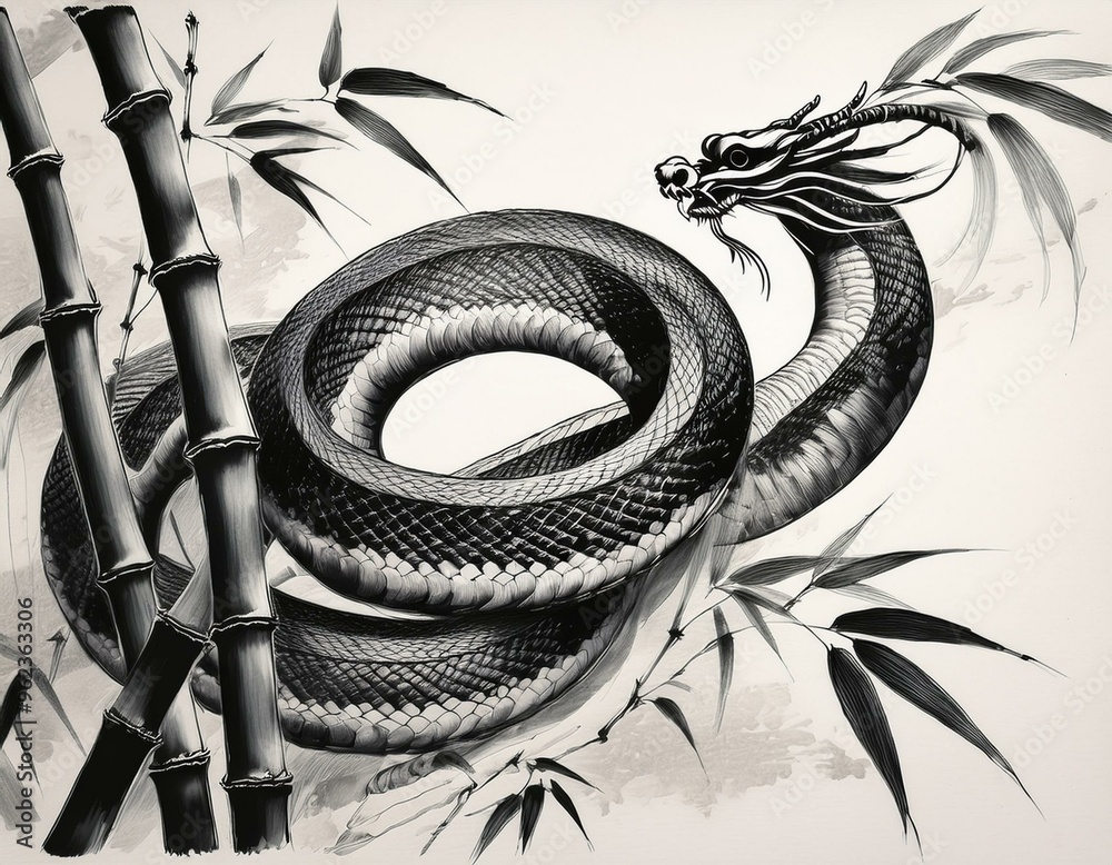 Obraz premium 蛇と他kの水墨画 