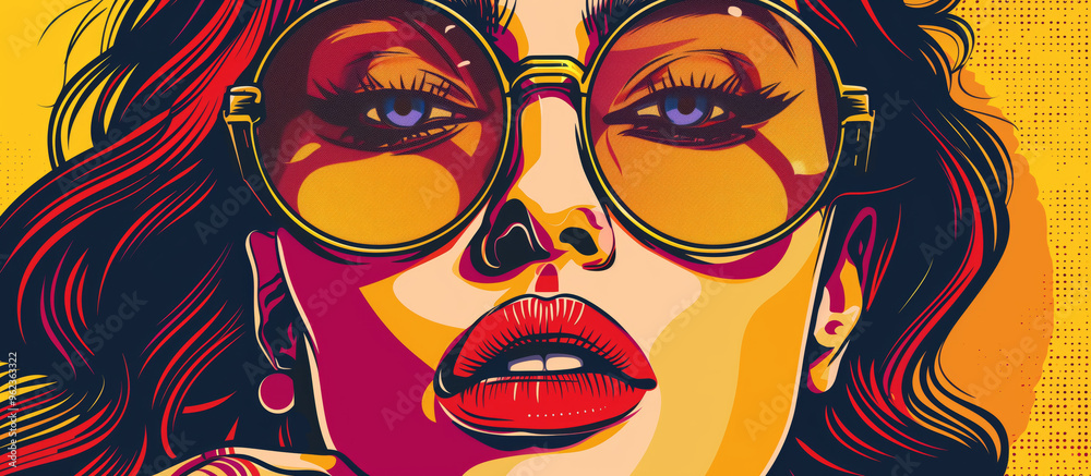 Pop art illustration of a woman with glasses, bold colors and patterns, pop culture influence Pop art illustration of a woman with glasses, bold colors and patterns, pop culture influence