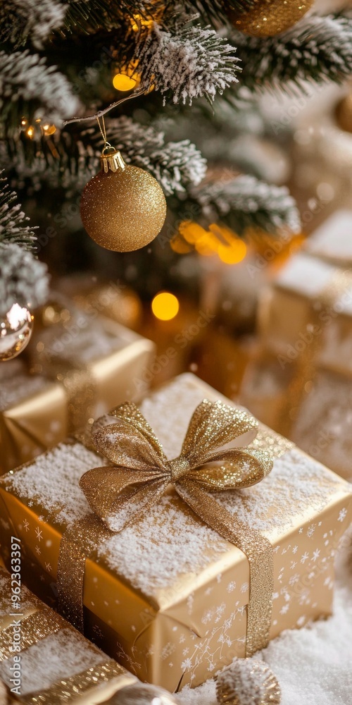 Golden Christmas gifts with glittery bows under a decorated tree, surrounded by soft lights and ornaments on a snow-dusted surface, glowing with a warm holiday ambiance.
