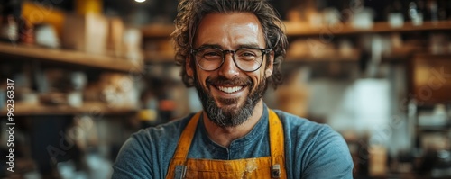 Portrait of a smiling man wearing glasses and an apron in a workshop.