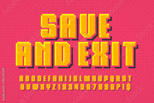 Pixel vector alphabet design, stylized like in 8-bit games. High contrast and sharp, retro-futuristic.