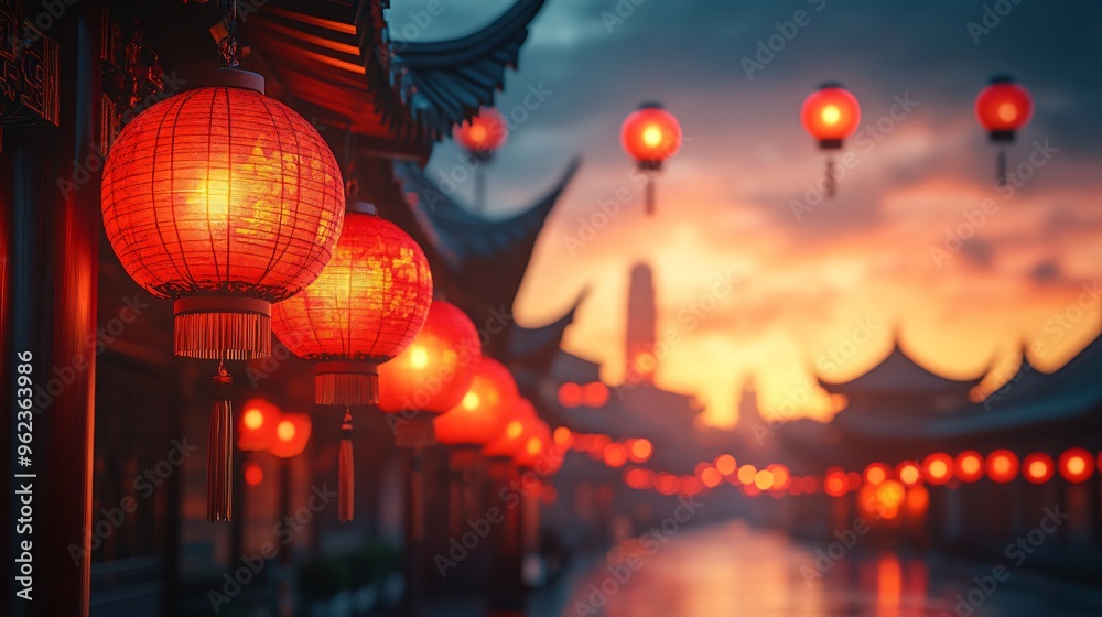 Chinese traditional background with paper lanterns at sunset Chinese traditional background with paper lanterns at sunset