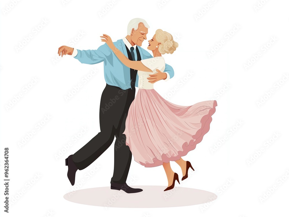An elderly couple enjoys a lively dance, their faces beaming with joy. The man embraces the woman, who twirls gracefully in a flowing skirt, celebrating their love and connection An elderly couple enjoys a lively dance, their faces beaming with joy. The man embraces the woman, who twirls gracefully in a flowing skirt, celebrating their love and connection