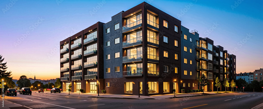 Fototapeta premium modern newly built apartment complex near the city center in the evening, urban development and inner-city housing shortage