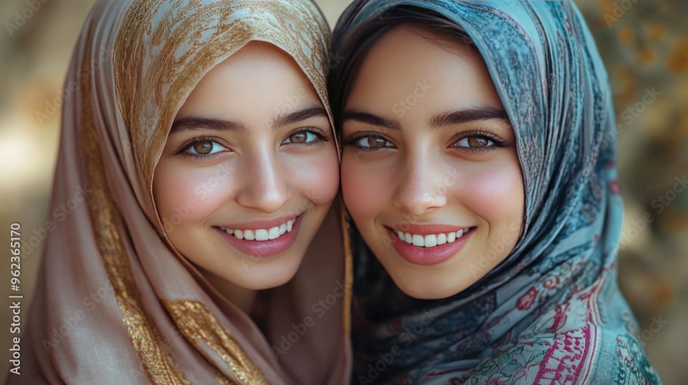 Two smiling young women in hijab looking at camera, close-up portrait. Two smiling young women in hijab looking at camera, close-up portrait.