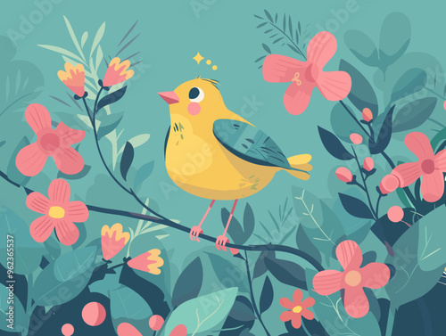 Spring background with flowers and bird. Vector illustration in flat style.