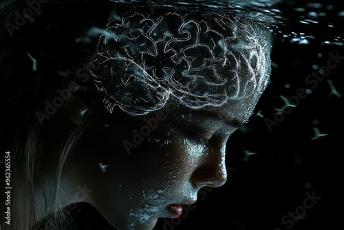 Neurocognitive Intellectual creativity Side profile of a young woman with glowing neural elements emphasizing contemplation and the intersection of nature and technology in an ethereal atmosphere