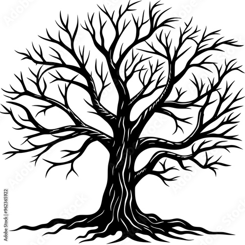 An artistic black and white drawing of a tree that has no leaves