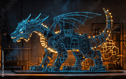 ntricate Blueprint of a Mechanical Dragon with Gears and Circuits, Steampunk and Futuristic Design, Glowing Schematic Detailing a Robotic Dragon Breathing Fire, Engineering Concept Art photo