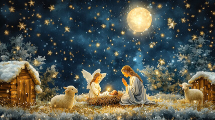Watercolor christmas nativity scene seamless patterns Magic Christianity story with newborn jesus mary angel and lamb Holy jolly christmas card