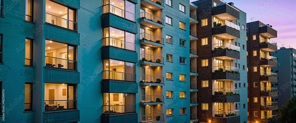 modern newly built apartment complex near the city center in the evening, urban development and inner-city housing shortage modern newly built apartment complex near the city center in the evening, urban development and inner-city housing shortage