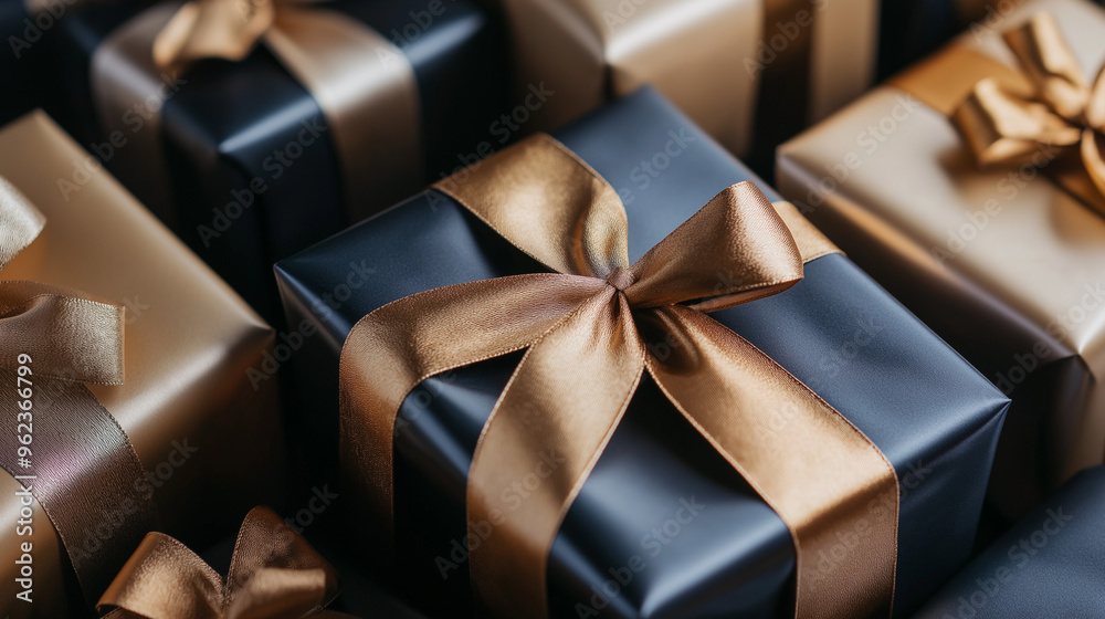 Stylish black and gold wrapped Christmas gifts with elegant satin ribbons, creating a luxurious and modern holiday gift presentation Stylish black and gold wrapped Christmas gifts with elegant satin ribbons, creating a luxurious and modern holiday gift presentation