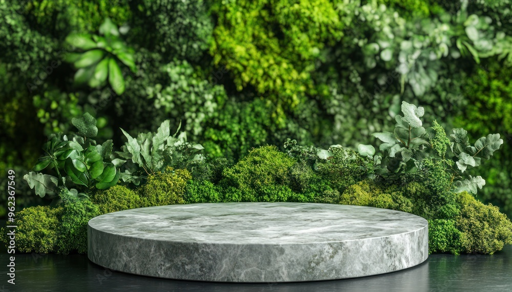 Round Marble Pedestal in Front of Lush Greenery Round Marble Pedestal in Front of Lush Greenery