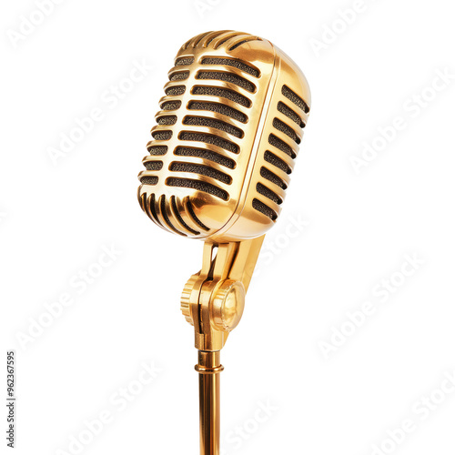 Vintage gold microphone on transparent background.