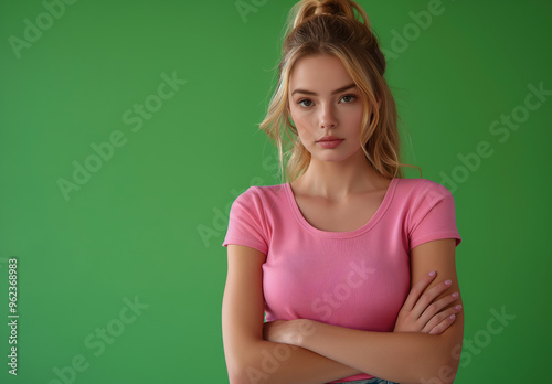 Serious and strong woman with her arms crossed looking determined and powerful. Tough and ambitious female with a intense, eager expression in a pink shirt is standing in front of a green wall.