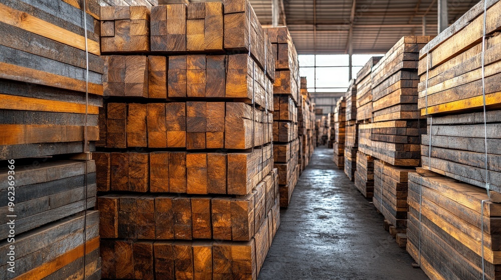 Stacks of wooden beams in a warehouse. Stacks of wooden beams in a warehouse.