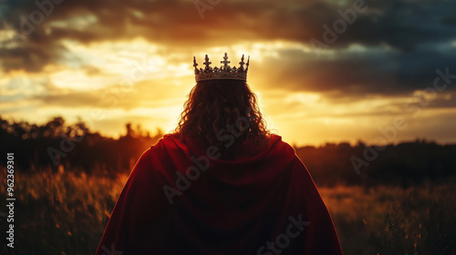 View from behind, of Jusus Christ with a king's crown, wearing a red tunic with his arms outstretched. Jesus is the King