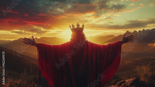 View from behind, of Jusus Christ with a king's crown, wearing a red tunic with his arms outstretched. Jesus is the King photo