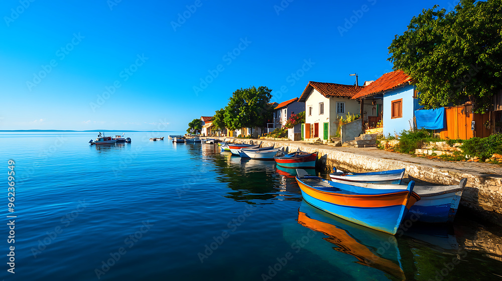 A small rustic fishing village with colorful boats A small rustic fishing village with colorful boats