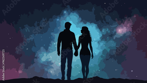 illustration of people in shadows together in love in the dark nature of the stars shining cute