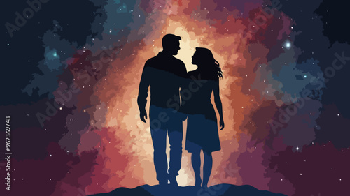 illustration of people in shadows together in love in the dark nature of the stars shining cute