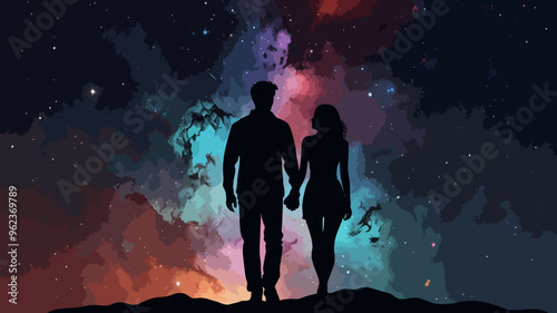 illustration of people in shadows together in love in the dark nature of the stars shining cute
