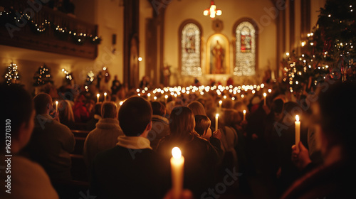 candlelight christmas service in a beautifully decorated church, with warm, glowing candles held by worshippers, creating a serene and festive atmosphere filled with reverence and tradition