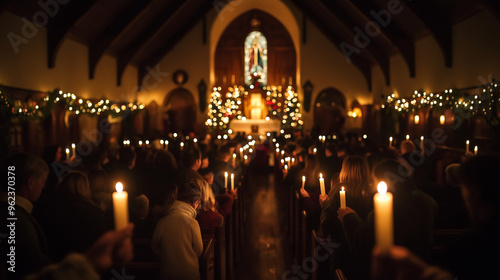 candlelight christmas service in a beautifully decorated church, with warm, glowing candles held by worshippers, creating a serene and festive atmosphere filled with reverence and tradition