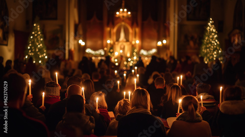 candlelight christmas service in a beautifully decorated church, with warm, glowing candles held by worshippers, creating a serene and festive atmosphere filled with reverence and tradition