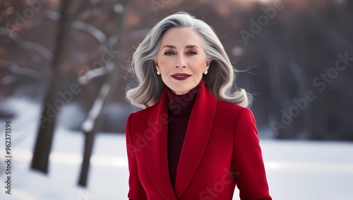 Elderly lady of about 60 years old, elegant, red coat in the snow