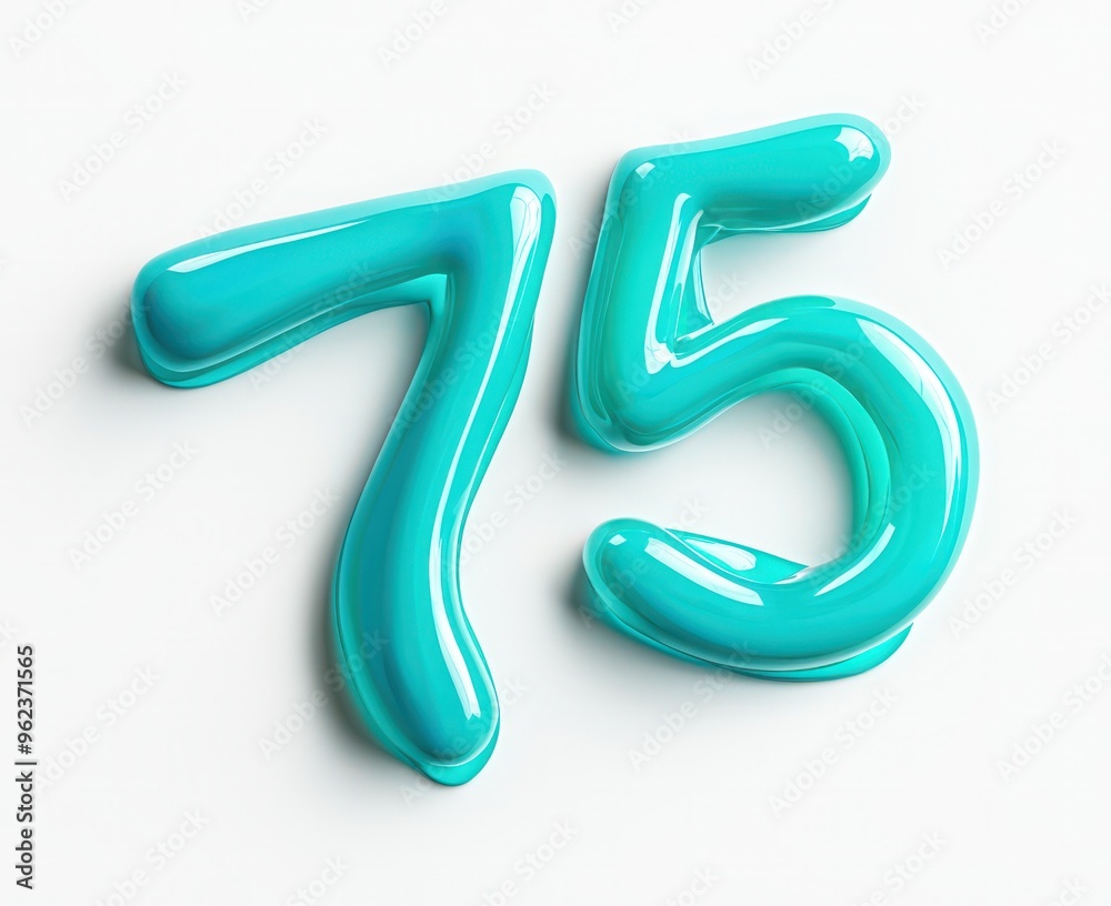 Turquoise liquid paint in the shape of 75 on a white background, subtle shadows.
