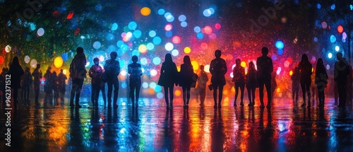 Silhouettes of People Standing in Rain with Blurry Colorful Lights Reflecting in Puddles